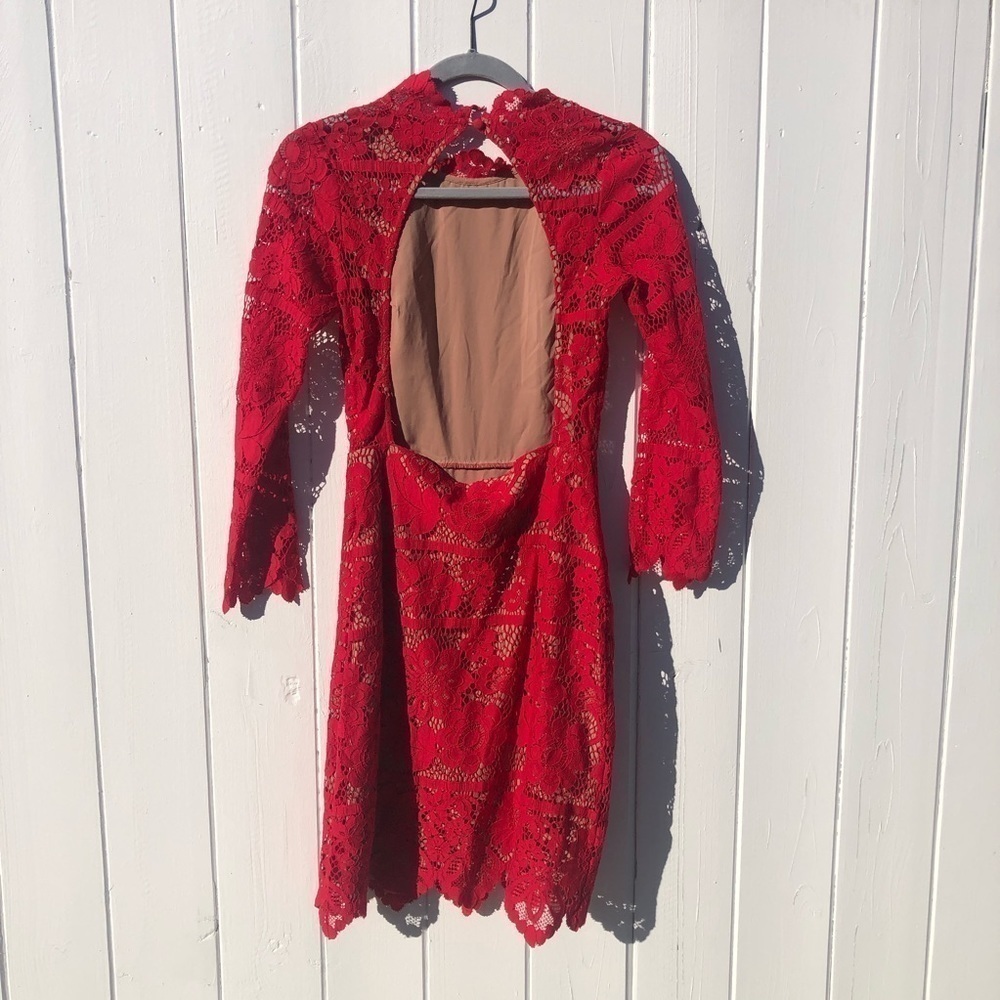 For Love & Lemons Rosetta Open Back Long Sleeve Red Lace High Neck - Picture 8 of 11